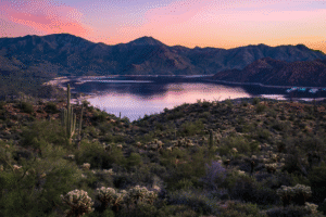 Arizona lake and desert landscape near Game and Fish patrol area at sunset
