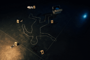 Arizona Crime Scene with Chalk Outline and Evidence Markers – Murder Investigation