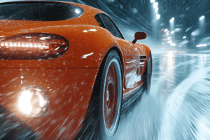 High-speed red sports car on a wet road symbolizing reckless driving in Arizona