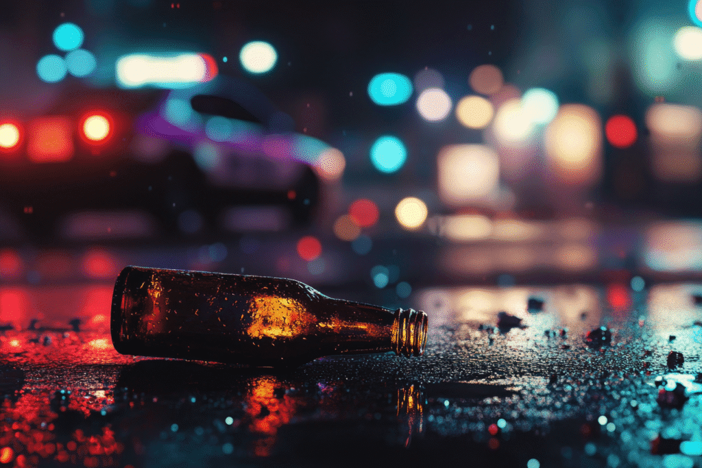 Empty beer bottle on wet road with police lights in background – DUI second offense in Arizona concept
