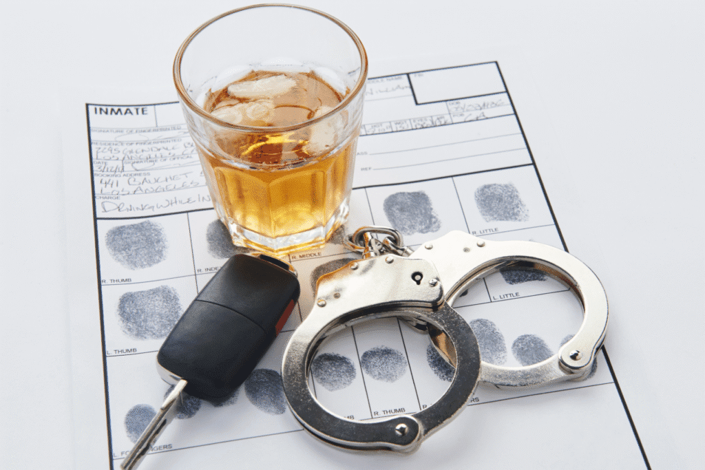 Glass of whiskey, car key, and handcuffs on inmate fingerprint form representing a third DUI arrest in Arizona – Rideout Law Group