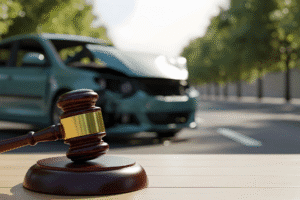 Gavel in foreground with crashed car in Phoenix street – Phoenix car accident lawyer scene