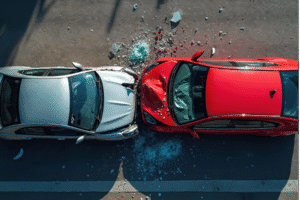 Frontal car crash scene in Scottsdale showing severe vehicle damage, used by Rideout Law Group