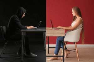 Catfishing scam online with man hiding identity and woman victim using laptops