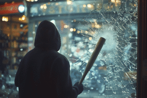 Criminal damage scene in Arizona with shattered glass and baseball bat