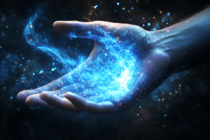 Hand holding glowing cosmic energy, symbolizing power and deadly weapon concept in Arizona law