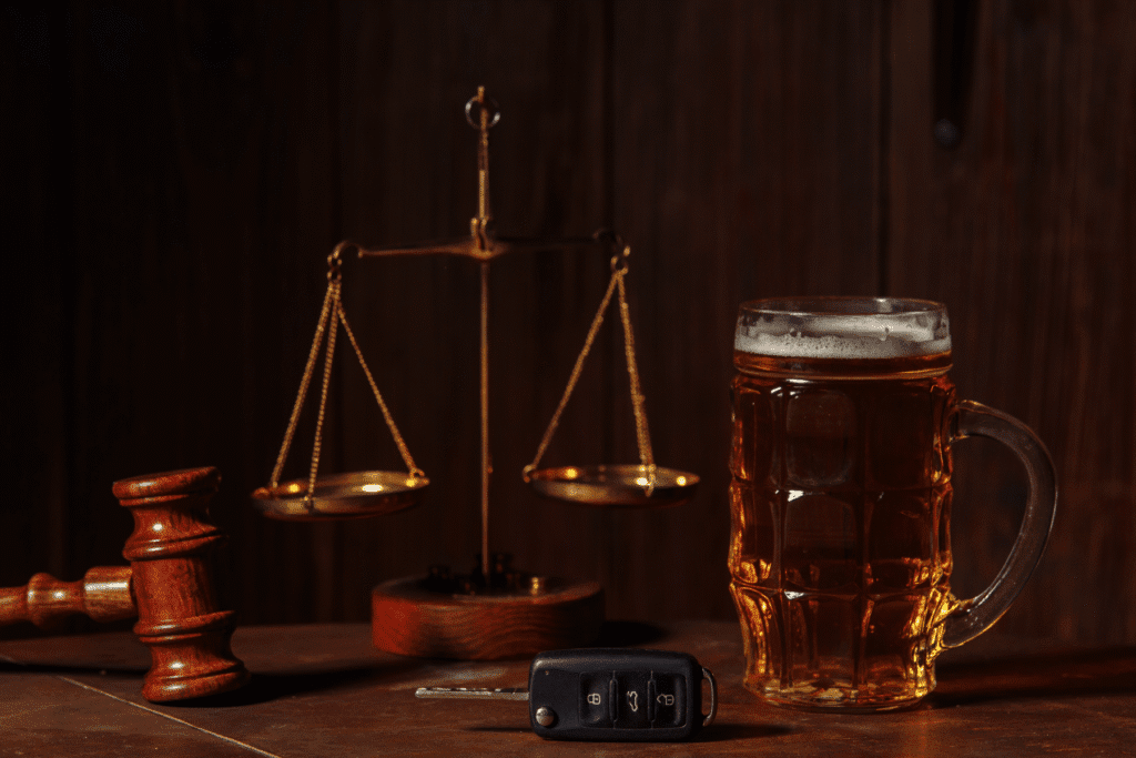 Beer glass, car keys, gavel, and justice scale symbolizing DUI without insurance in Arizona
