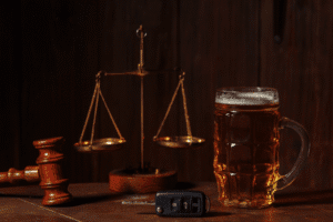 Beer glass, car keys, gavel, and justice scale symbolizing DUI without insurance in Arizona