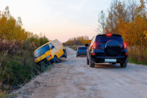 Yellow van crashes off-road after being forced off by another vehicle – no contact car accident in Arizona