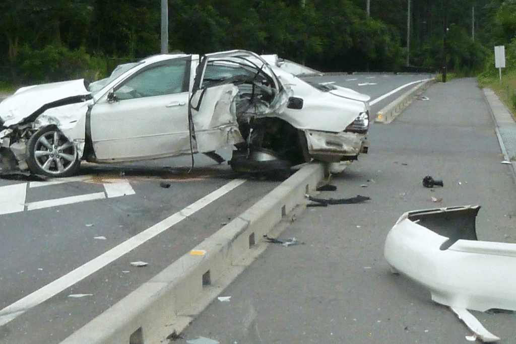 Motor vehicle accident scene on Arizona highway with damaged car - Rideout Law Group