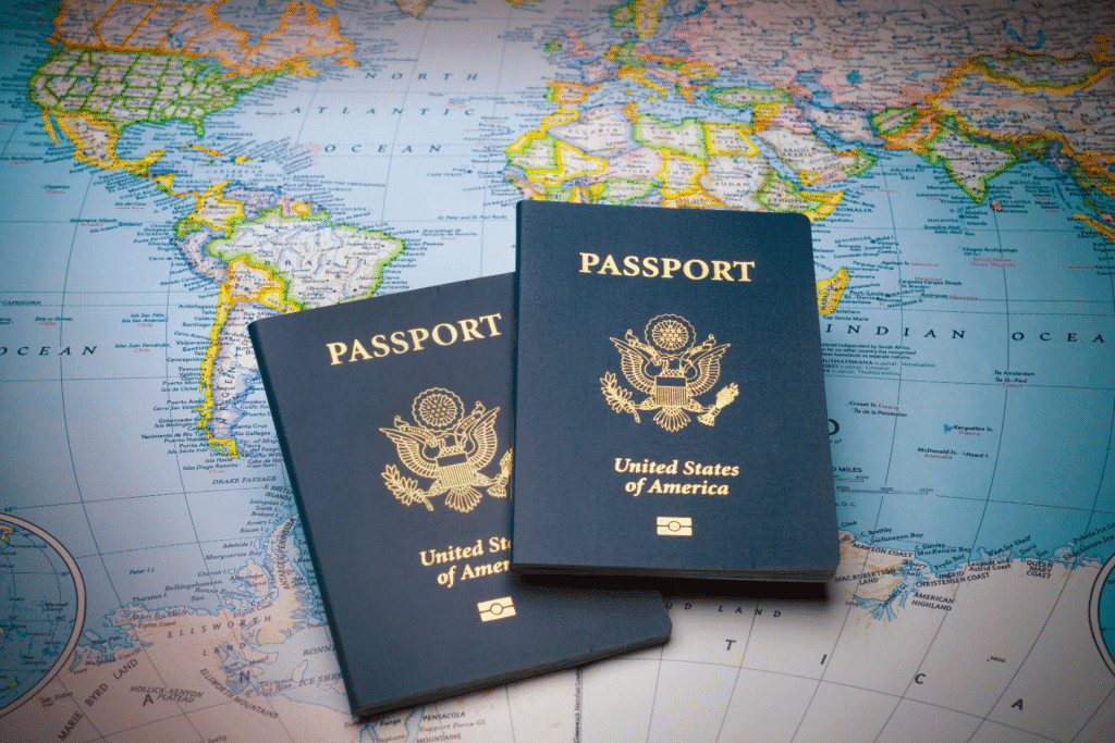 U.S. passports on world map – legal travel rights for felons in Arizona