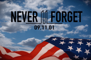 “American flag with Never Forget 9/11 message – Rideout Law Group honors September 11 in Scottsdale and Lake Havasu”