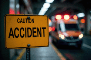Traffic accident caution sign with ambulance in Arizona, Rideout Law Group injury lawyers