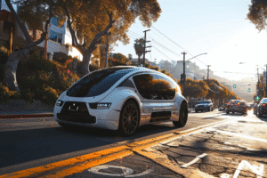 Futuristic self-driving car on a city street at sunset