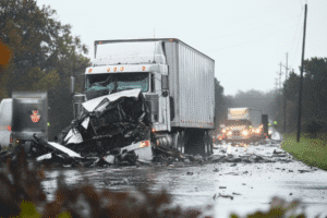 Wrecked 18-wheeler truck after accident on wet Arizona highway