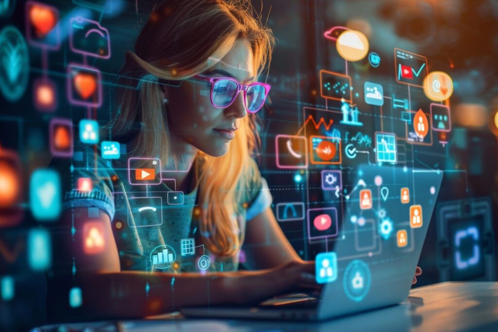 Woman analyzing social media data on laptop representing online arguments and digital legal issues in Arizona