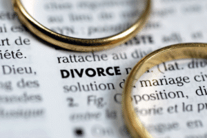 Arizona divorce timeline with wedding rings over dictionary