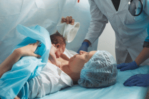 Newborn and mother in delivery room after birth monitored by medical team – potential birth injury case in Arizona