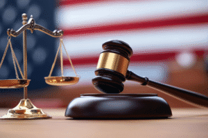 Gavel and justice scales in front of American flag representing Arizona court order to appear