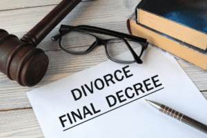 Final divorce decree paperwork with gavel and legal books – Scottsdale divorce attorney context