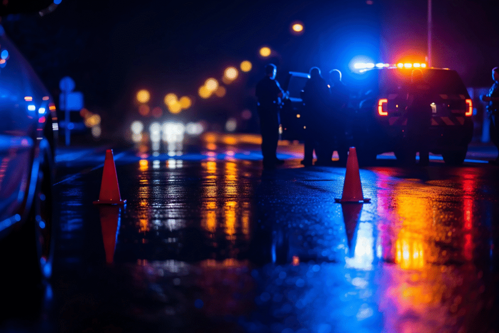 DUI checkpoint at night with Arizona police officers and flashing patrol lights