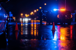DUI checkpoint at night with Arizona police officers and flashing patrol lights