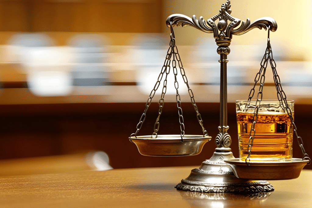 Scales of justice with whiskey glass symbolizing DUI law in Arizona courtroom