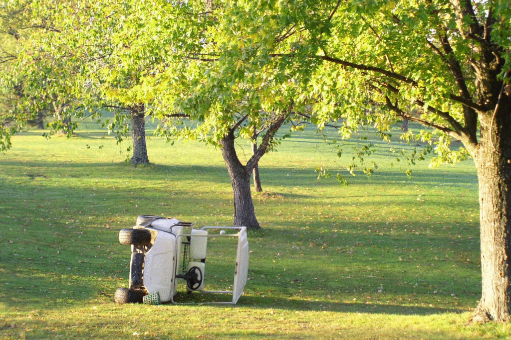 Overturned golf cart on a sunny Arizona golf course surrounded by trees and green grass.
