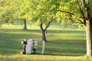 Overturned golf cart on a sunny Arizona golf course surrounded by trees and green grass.
