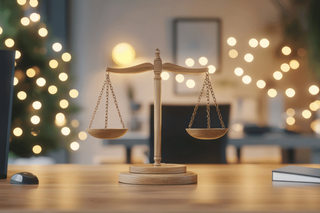 Wooden scales of justice on desk with Christmas lights in background – Arizona holiday legal concept