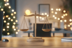 Wooden scales of justice on desk with Christmas lights in background – Arizona holiday legal concept