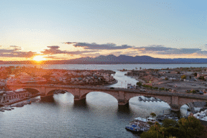 Sunset over the London Bridge in Lake Havasu, near Rideout Law Group office