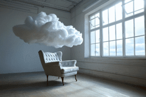 Visual metaphor of loss of enjoyment—a soft white cloud hovering over a chair in an empty room with window light