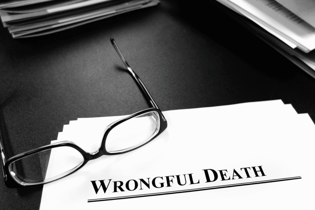 Documents labeled “Wrongful Death” on a desk with reading glasses, representing legal cases handled by Scottsdale wrongful death attorneys.