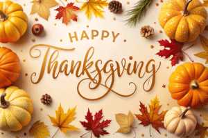 Thanksgiving holiday pumpkins and autumn leaves around Happy Thanksgiving message