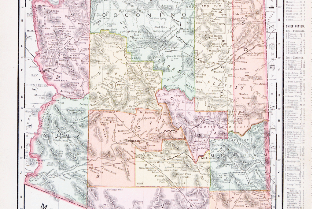 Antique map of Arizona showing county boundaries and early city locations