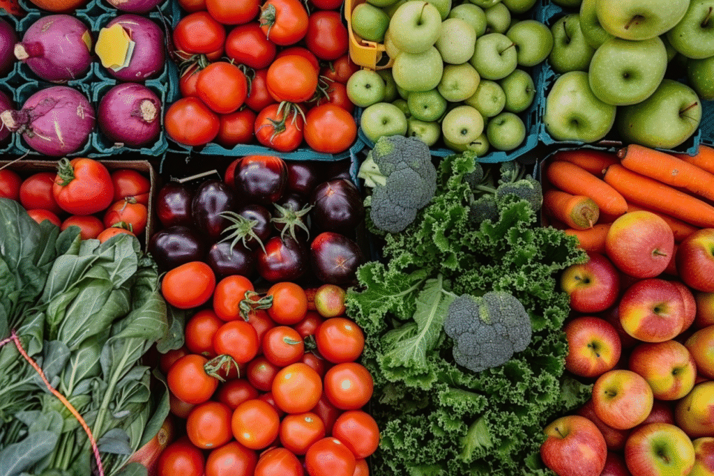 Fresh produce including tomatoes, apples, broccoli, and greens—representing vegetables recalled in ALDI and Walmart listeria outbreak in Scottsdale, Arizona.