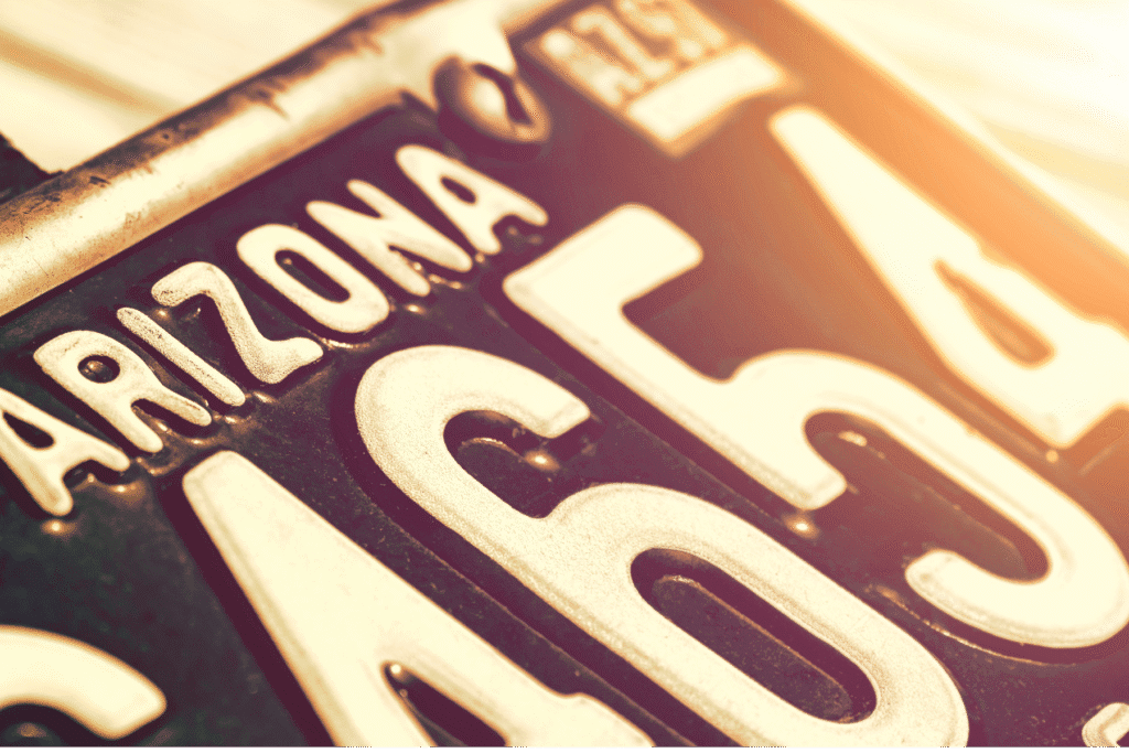 Arizona license plate close-up illustrating DEASIL tracking system context