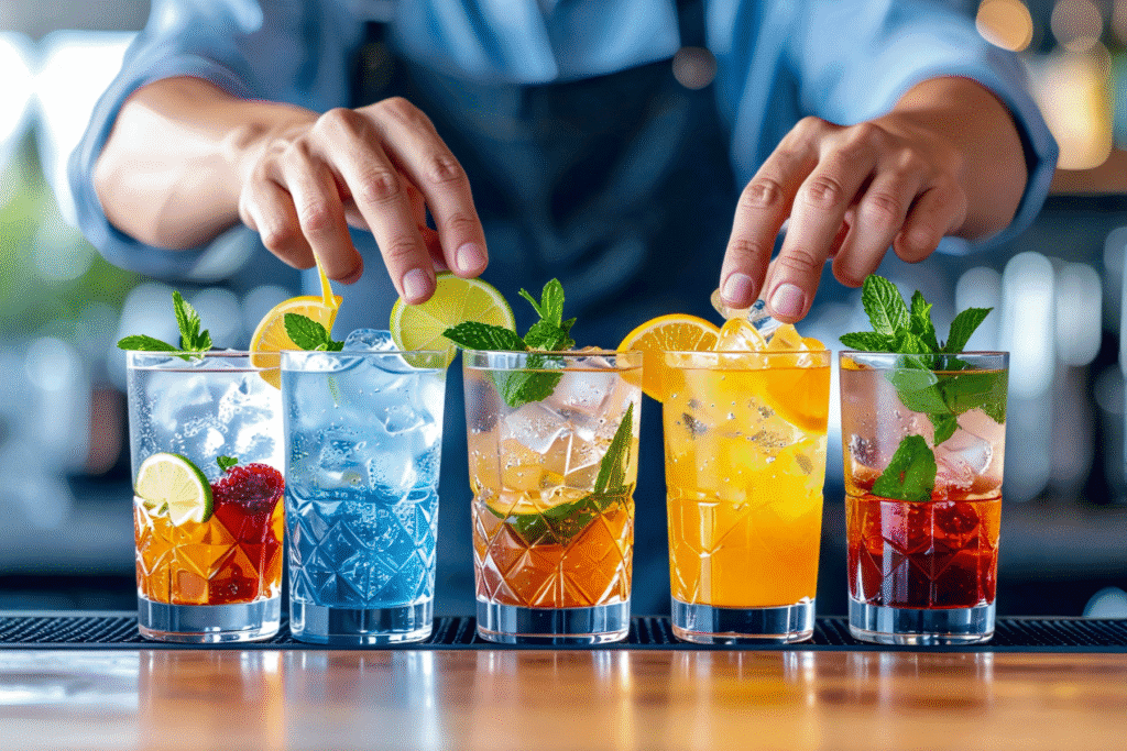 Bartender serving colorful cocktails in Scottsdale bar setting