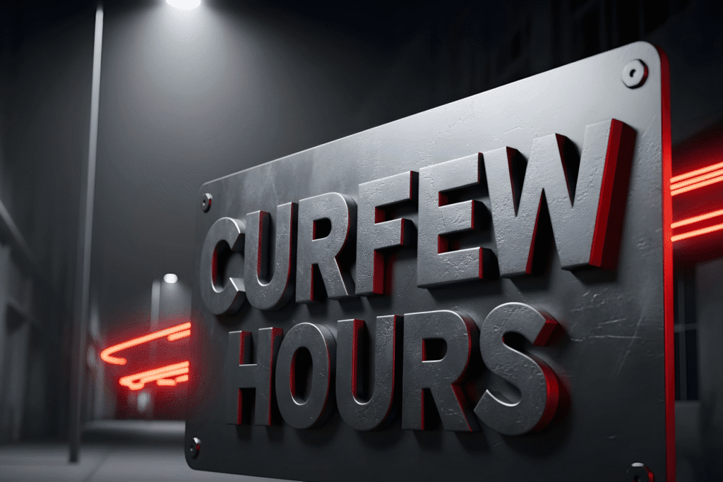 Curfew hours sign at night in Arizona street scene