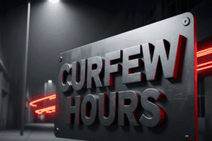 Curfew hours sign at night in Arizona street scene
