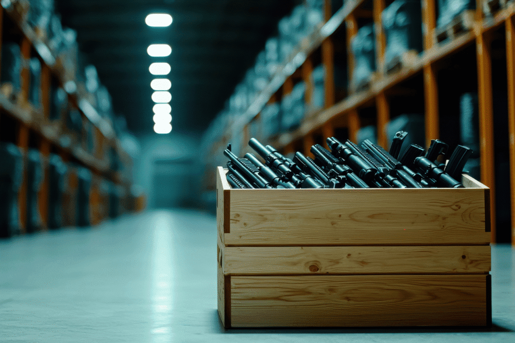 Wooden crate filled with firearms inside a large storage unit warehouse