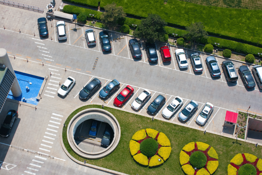 Illegally parked cars in urban Arizona parking lot with poor visibility