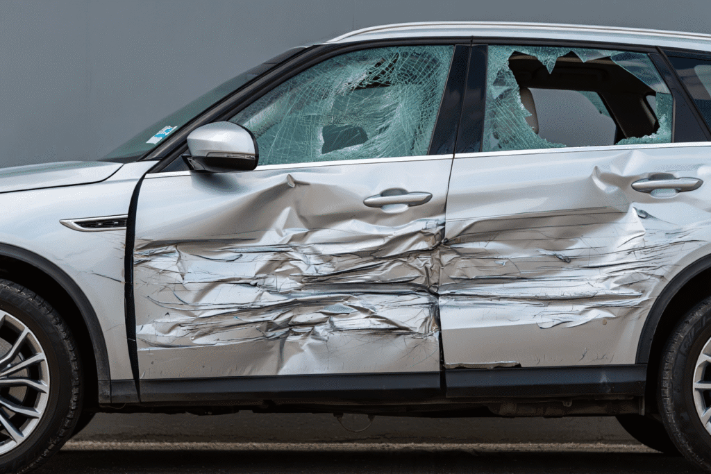 T-bone car accident damage in Arizona with shattered side windows and crushed doors