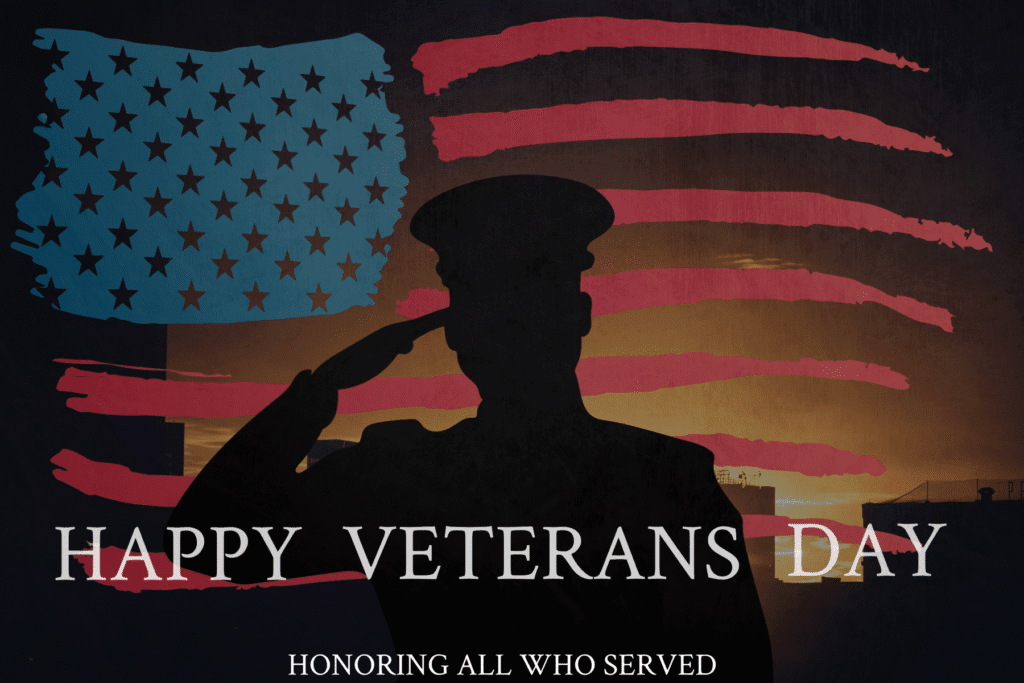Silhouette of U.S. soldier saluting with American flag background at sunset for Veterans Day 2025