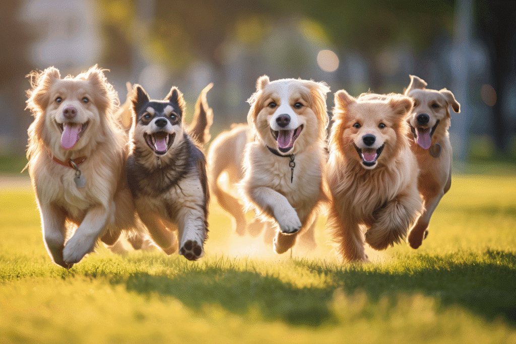 Five happy dogs running on grass in Arizona park – pet ownership laws visual
