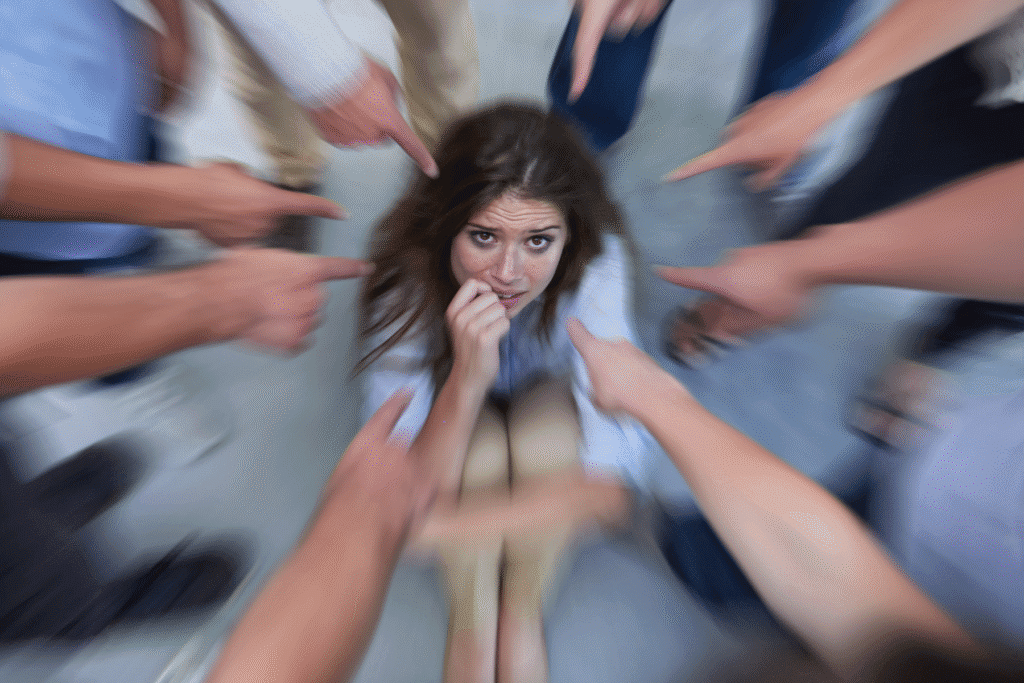 hazing-victim-public-humiliation-student Student experiencing public humiliation during a hazing incident, surrounded by peers pointing fingers.