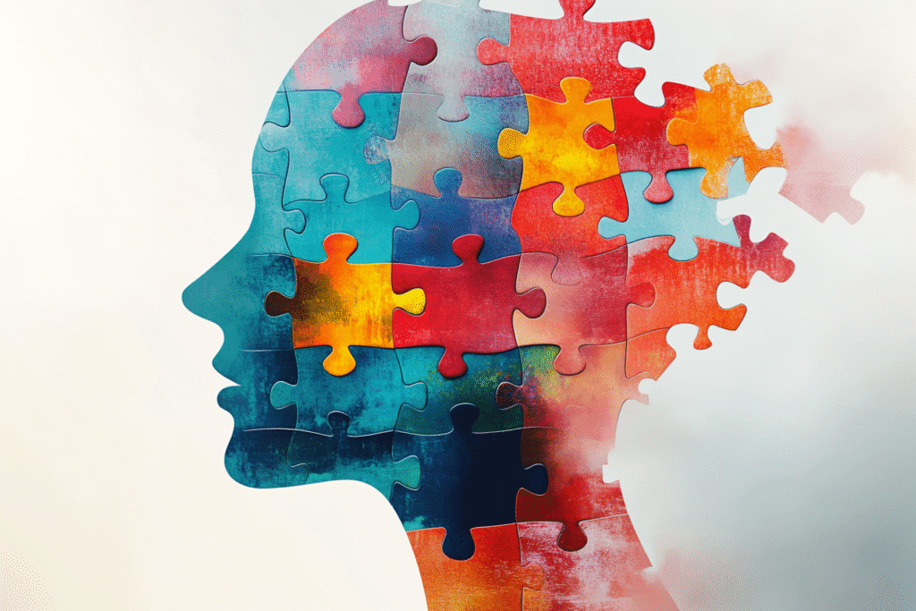 Silhouette of human head made of colorful puzzle pieces representing mental health complexity