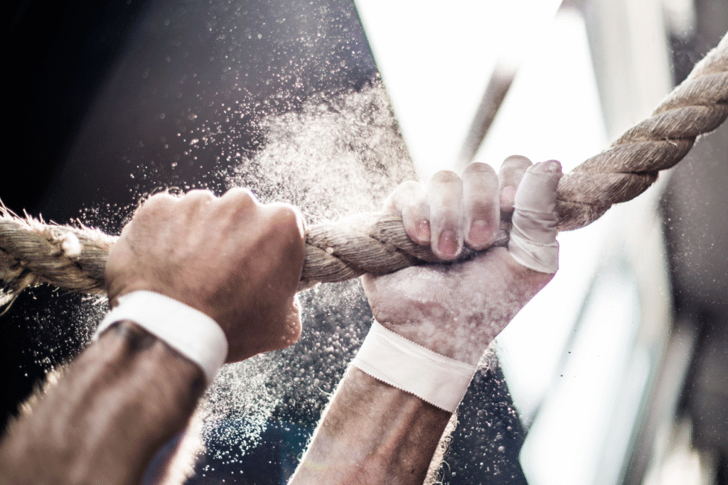 CrossFit athlete gripping rope during workout symbolizing relationship tension