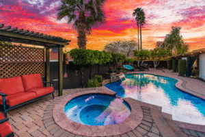 Private backyard hot tub and pool in Arizona at sunset – potential drowning accident scene